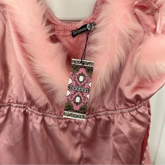 Boohoo Pink Satin Romper with Plunging Neckline and Pom Poms 24 - Picture 7 of 8